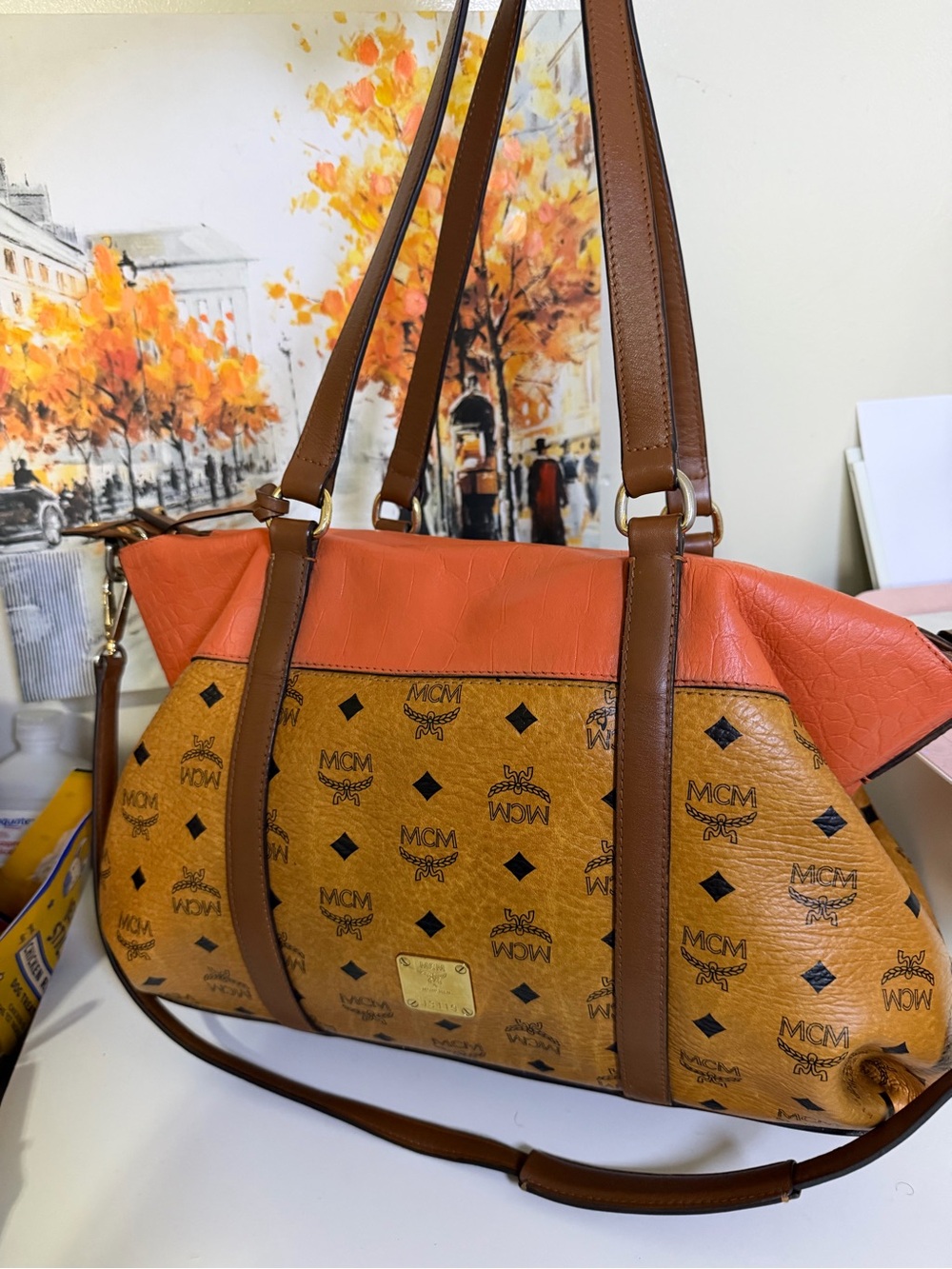 MCM Cognac and Orange Visetos Tote  Bag
